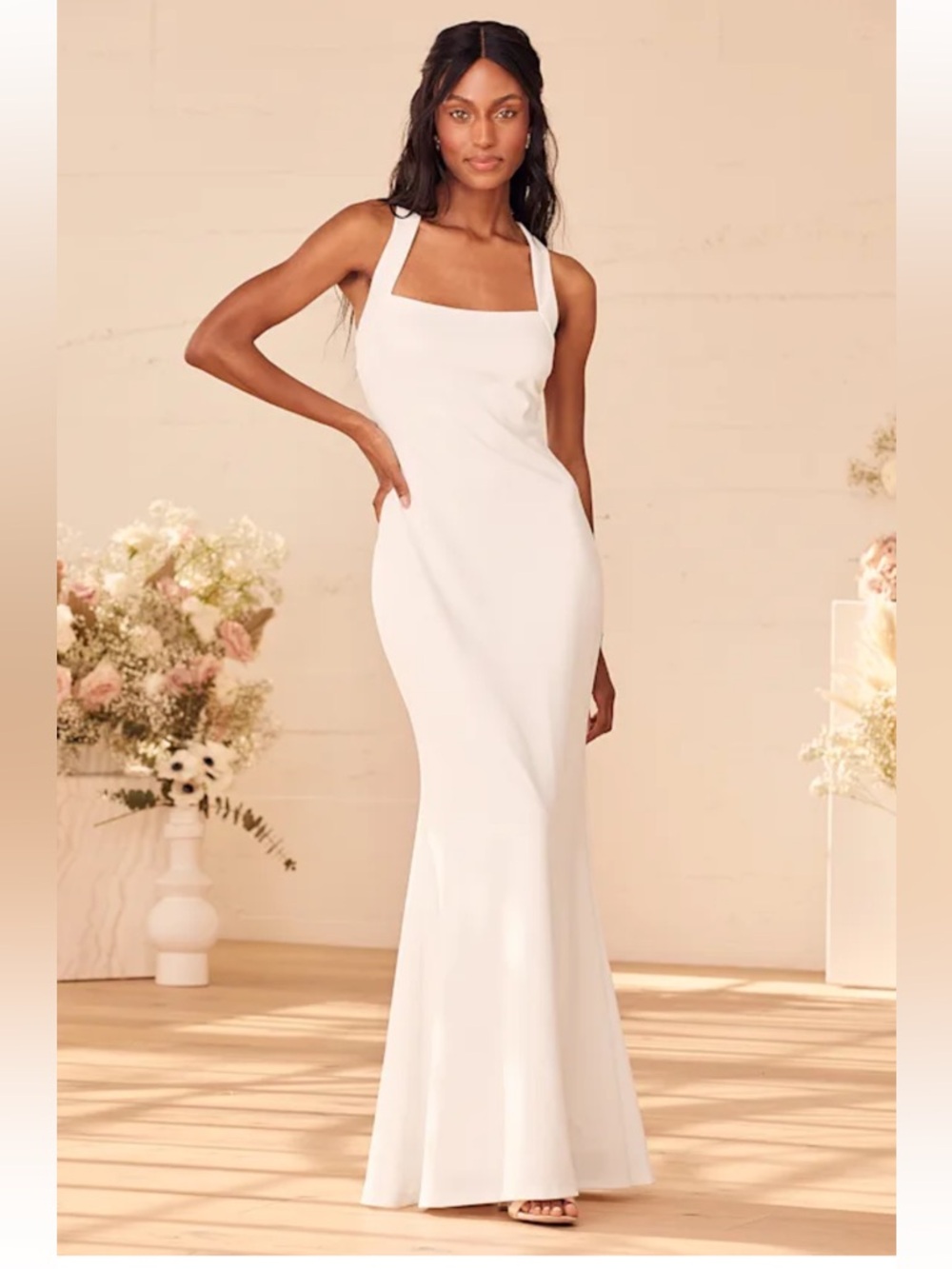 Lulu's White Square Neck Mermaid Maxi Wedding Dress